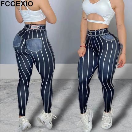 Women Pink Denim Striped Fitness Leggings