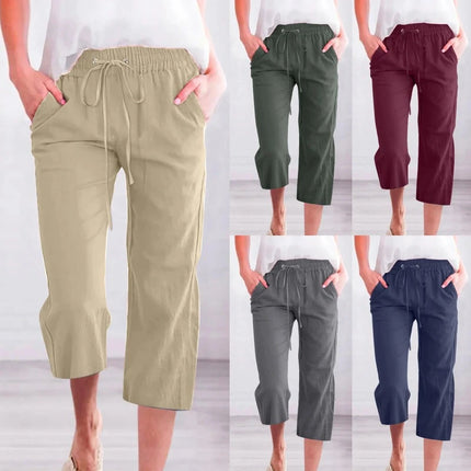 Women Classic Solid Color Linen Capris