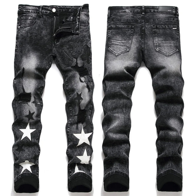 Men Slim Distressed Star Jeans - Mad Fly Essentials