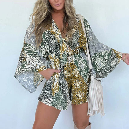 Women Bat Sleeve Patchwork Summer Romper