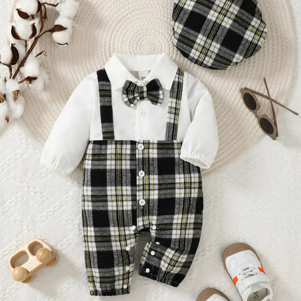 Baby Boy Bowtie Gentleman Long Plaid Rompers