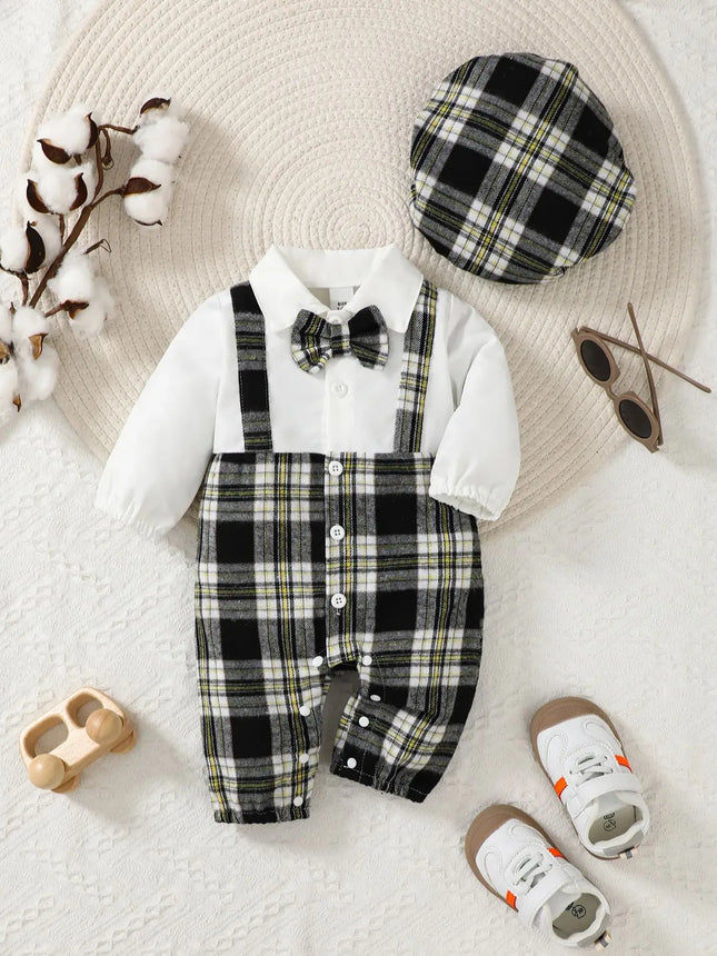 Baby Boy Bowtie Gentleman Long Plaid Rompers