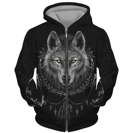 Men 3D Wolf Moon Zip Streetwear Hoodies