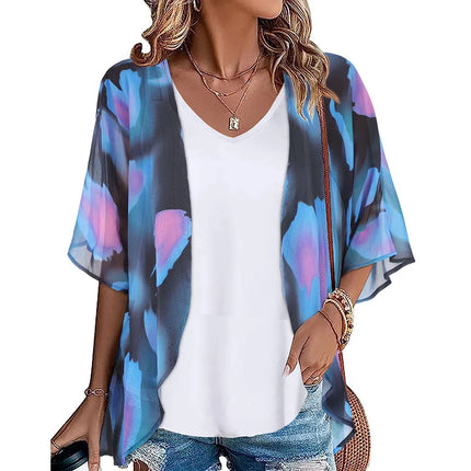 Women Blue Floral Loose Swimwear Coverup Kimono