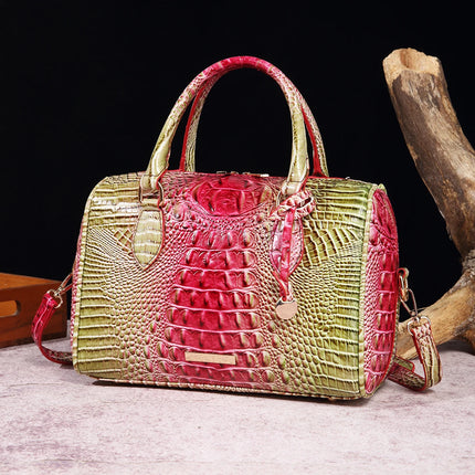 Women Crocodile Embossed Boston Satchel Handbag