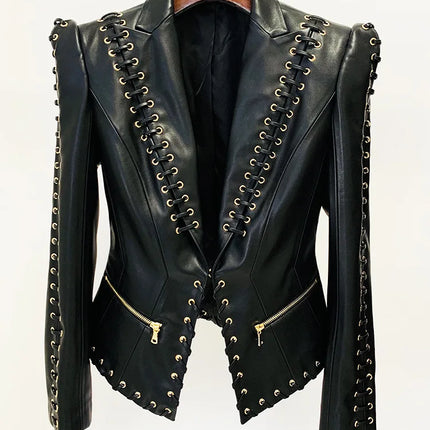 Women Fashion Leather Lace Blazer Jacket