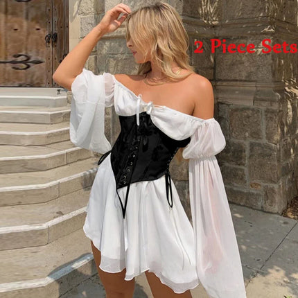 Women Summer 2pc Chiffon Off Shoulder Dress