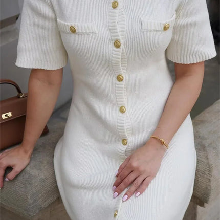 Women White Knitted Button Mini Dress