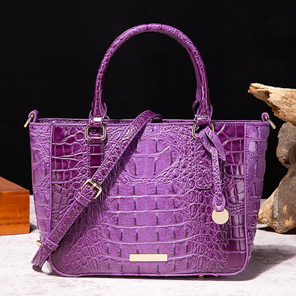 Women Pink Purple Crocodile Embossed Satchel Handbag