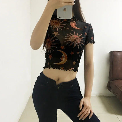 Women Vintage Angel Moon Mesh Crop Top