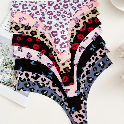 Women 7pc Seamless Butterfly Leopard Thongs