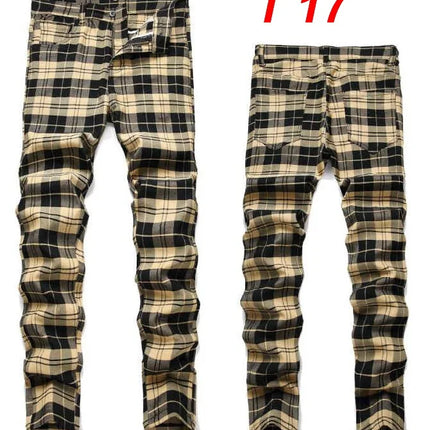 Men Business Casual Elastic Straight Plaid Pants