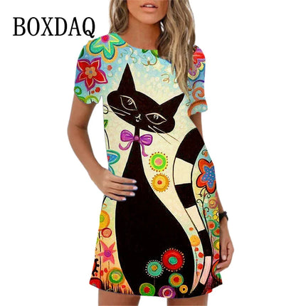 Women 3D Graffiti Cat Peacock Animal Dress