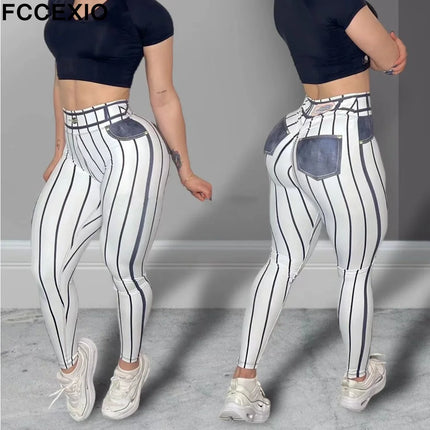 Women Fashion Pink Denim Striped Fitness Leggings