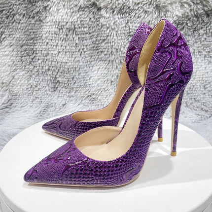 Women Purple Floral Embossed Crocodile Effect High Heels