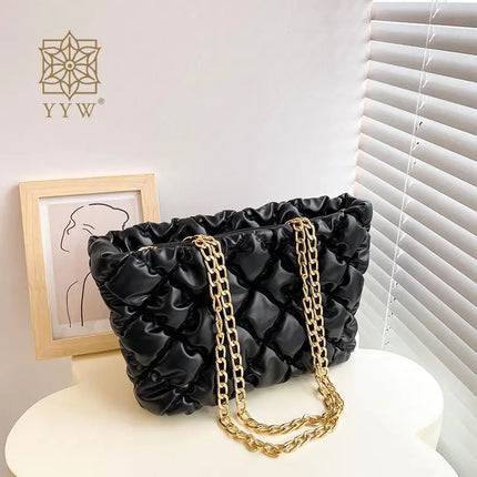 Women Fluffy Down Argyle Metal Chain Handbag