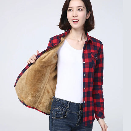 Women Winter Plaid Velvet Shirt Jacket