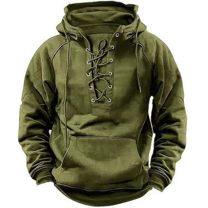 Men Solid Medieval Lace-Up Long Hoodies