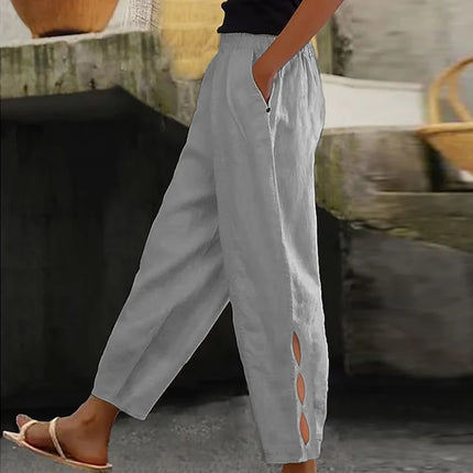 Women Vintage Fashion Solid Linen Pocket Pants