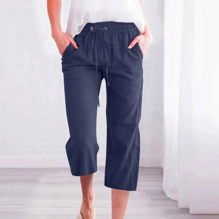 Women Classic Solid Color Linen Capris