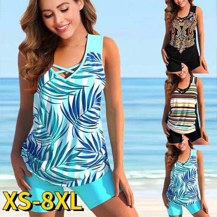 Women Fashion 2024 Solid Blue Floral Plus Tankini Sets