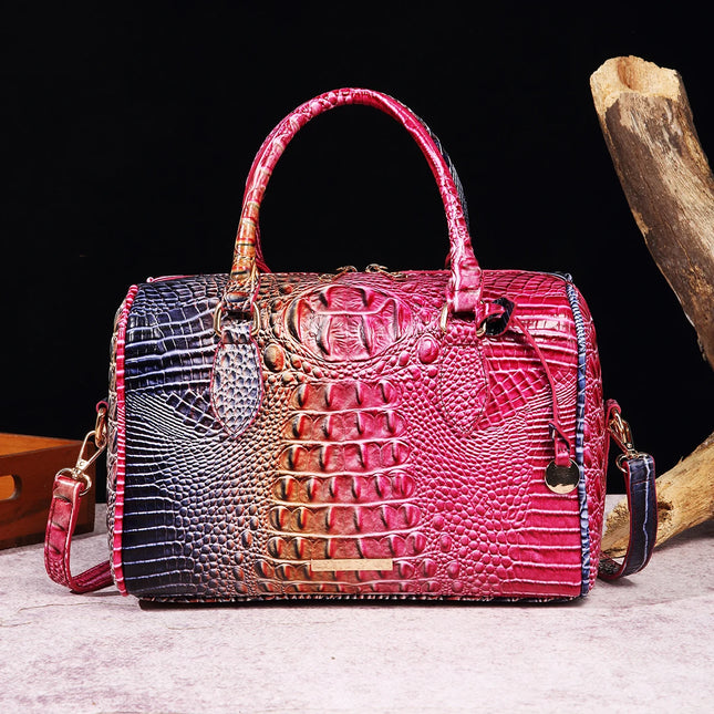 Women Crocodile Embossed Boston Satchel Handbag