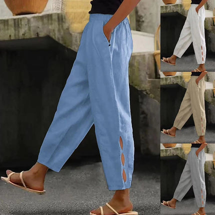 Women Vintage Fashion Solid Linen Pocket Pants