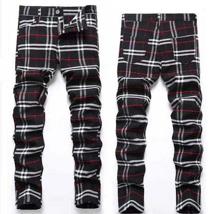 Men Business Casual Plaid High Stretch Red Black Pants