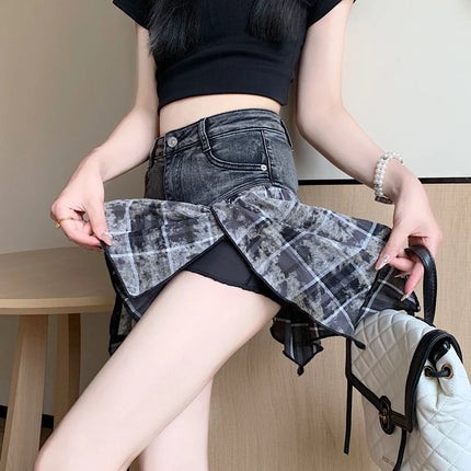 Women Patchwork High Waist A-Line Denim Skirt