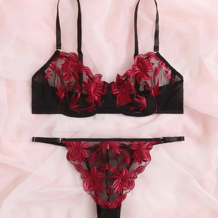 Women Red Black Embroidery Lingerie Set