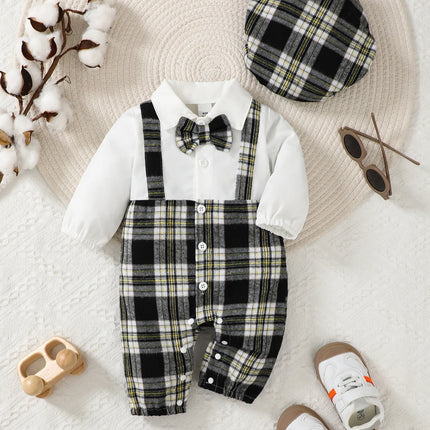 Baby Boy Bowtie Gentleman Long Plaid Rompers