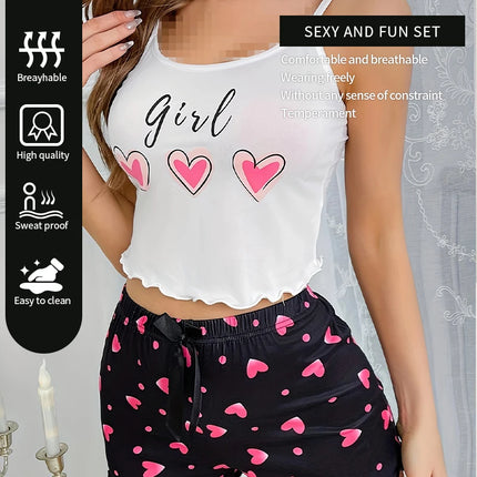 Women 2024 Heart Shaped Girly Pajama Sleepwear Set