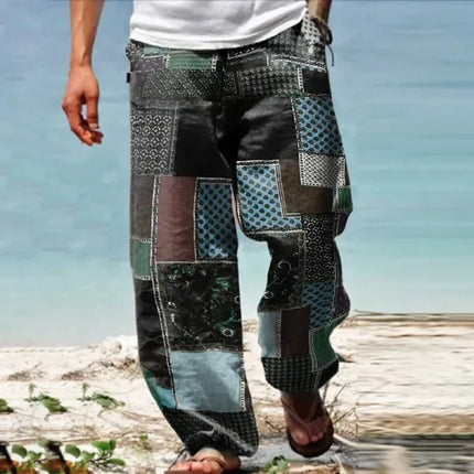 Men Geometric Plaid Pattern Beach Pants