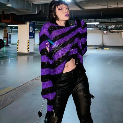 Women Striped Punk Gothic Sweater Tops