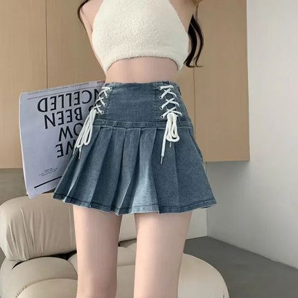 Women Blue Denim A-Line Drawstring Skirt