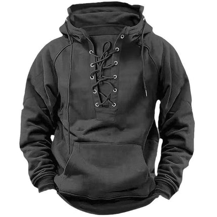 Men Solid Medieval Lace-Up Long Hoodies