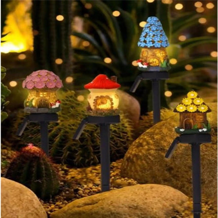 Solar Resin Mushroom House LED Garden Light