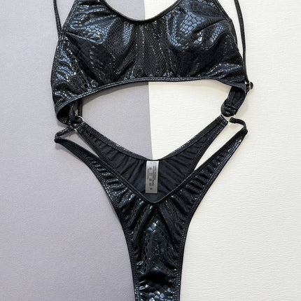 Women Black Snake Print Metallic Swimwear