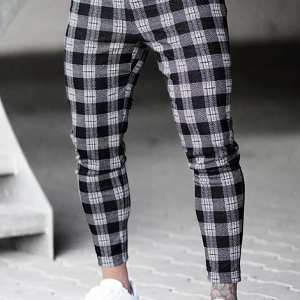 Men Elastic Checkered Plaid Chino Pants