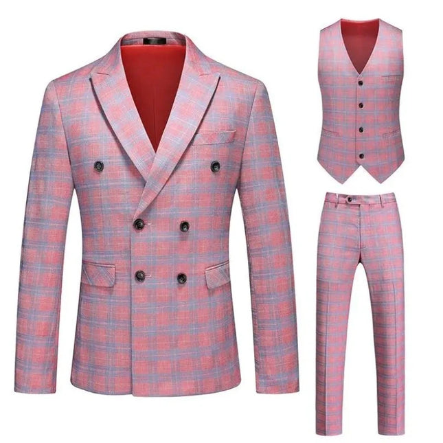 Men Red Striped Plaid 3pc Dress Blazer Suit.