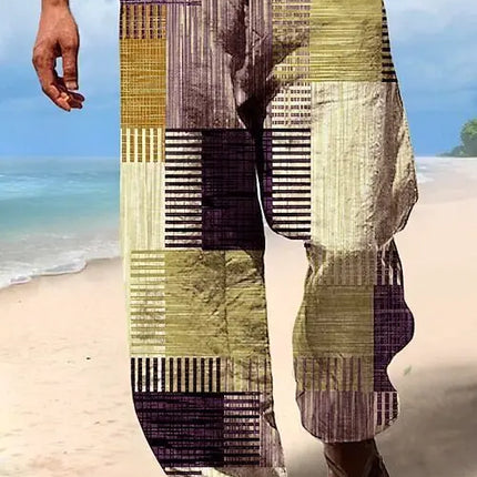 Men Geometric Plaid Pattern Beach Pants