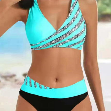 Women Stripe V Gradient Halter Bikini Set