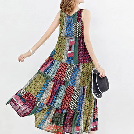 Women Vintage Bohemian Sleeveless Patchwork Dress