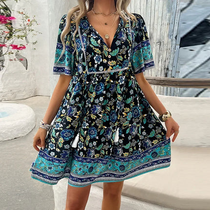 Women V-Neck Short Floral Beach Mini Dress