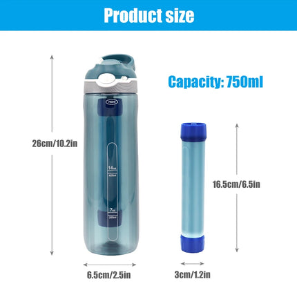 Outdoor 750mL Water Filter Survival Straw Drinking Bottle