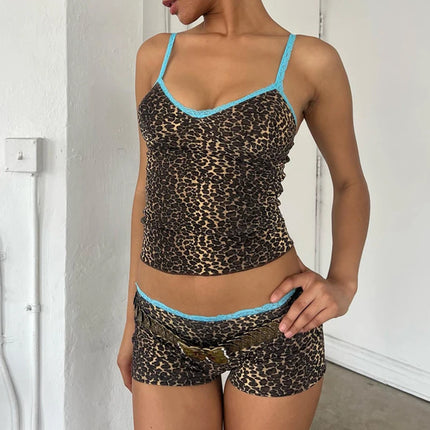 Women 90s Rave Leopard Spaghetti Lace Crop Top Set