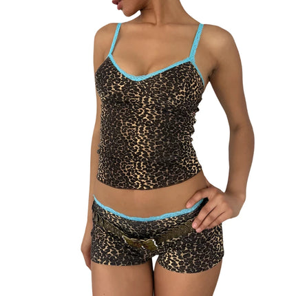 Women Vintage 90s Rave Leopard Spaghetti Crop Top Shorts Set