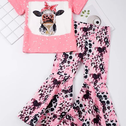 Baby Girl Pink Animal Long Flare Pants Top Outfit Set