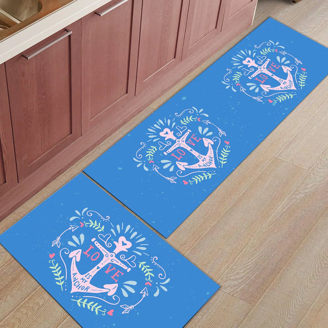 Kitchen Dark Blue Anchor Striped Floor Mat