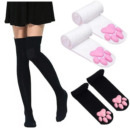 Women Cat Paw Thigh High Socks Gloves Set